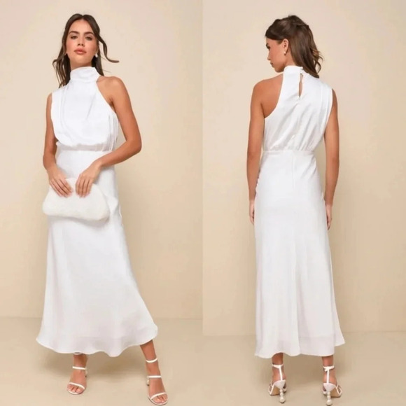 Lulus Distinctive Charm White Satin Asymmetrical Midi Dress Party Bridal Prom - Picture 1 of 9